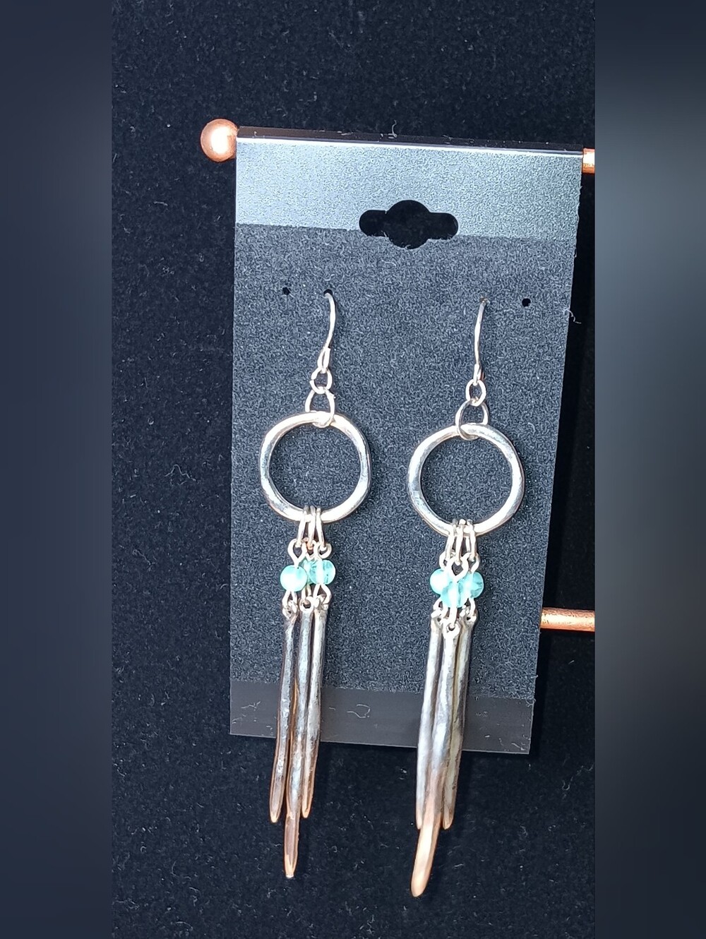 Silver Hoop Dangle Earrings with Aqua Beads